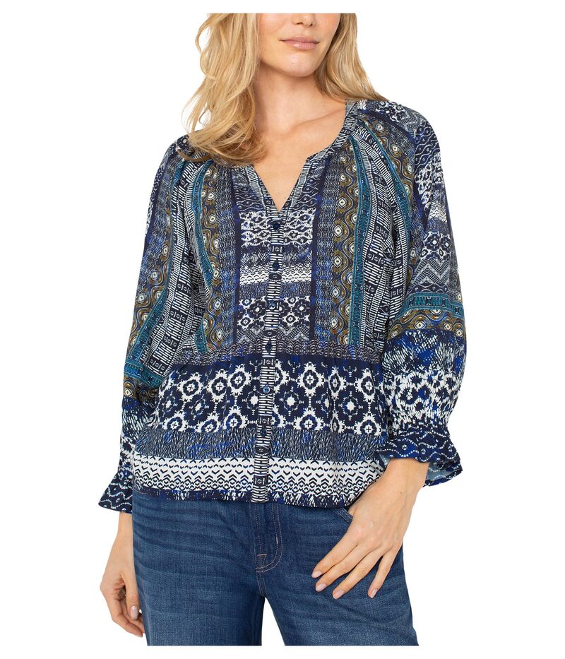 リヴァプール ロサンゼルス レディース トップス シャツ ブラウス Liverpoolos Angeles 3/4 Sleeve Button Front Woven Blouse Blue Shibori Multi ブルー