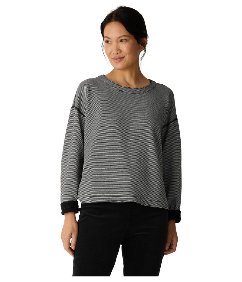 エイリーンフィッシャー レディース トップス シャツ コットン ニット Eileen Fisher Doubleknit Organicotton Stripe Round Neck Reversible Top Black Ivory アイボリー