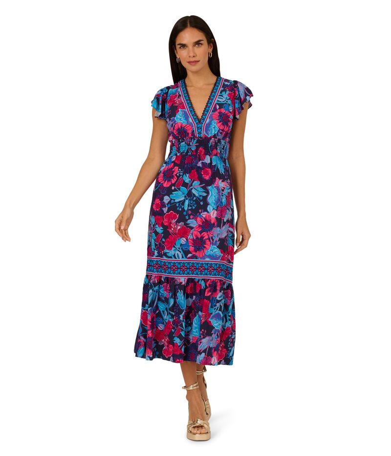 アドリアナ パペル レディース トップス 衣装 刷り上げる midi Adrianna Papell Printed Midi Dress Navy/Pink Multi 米国海軍