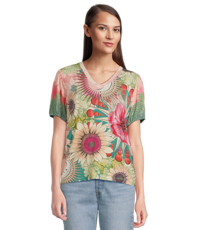 ジョニーワズ レディース トップス シャツ Vネック Johnny Was The Janie Favorite V-neck Puff Sleeve Tee- Emily
