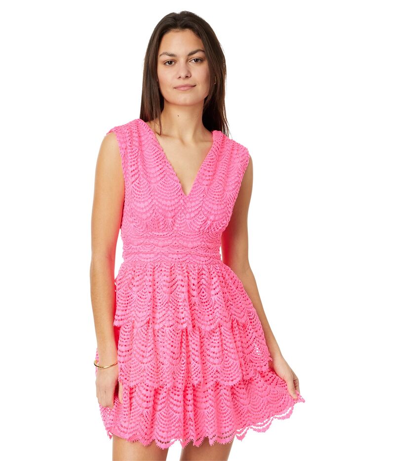 リリーピュリッツァー レディース トップス ワンピース Vネック フリル レース Lilly Pulitzer Faye V-Neck Lace Ruffle Dress Roxie Pink Scalloped Shellace ピンク