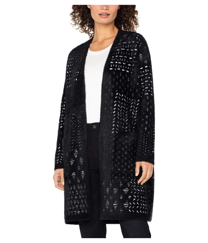 リヴァプール ロサンゼルス レディース アウター コート プチ セーター Liverpoolos Angeles Petite Long Sleeve Collarless Open Front Sweater Coat Black White Patchwork ホワイト