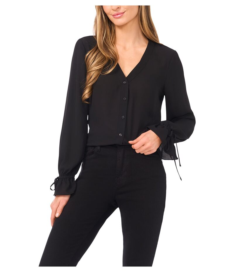 セセ レディース トップス シャツ Vネック CeCe V-Neck Button Front Long Sleeve Top Rich Black ブラック|ReVida 店
