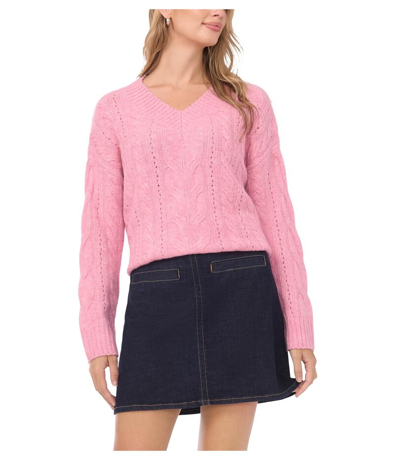 ヴィンスカムート レディース アウター ニット・セーター Vネック Vince Camuto Cable V-neck Candy Pink Heather ヘザー