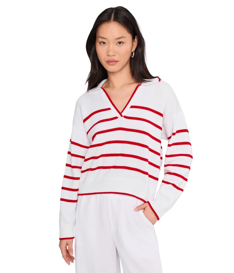 スプレンディット レディース アウター ニット・セーター ポロシャツ Splendid Arden Stripe Polo Sweater White/Rouge ホワイト|ReVida 店