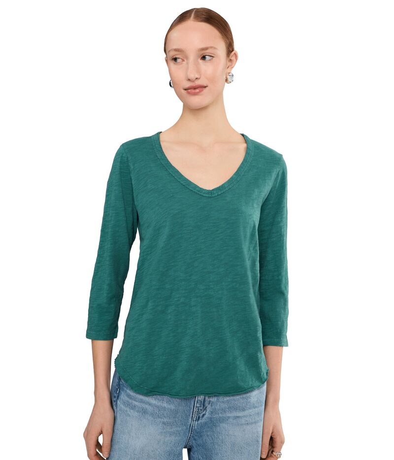 モッドドック レディース トップス プルオーバー V素っ首 Mod-o-doc 3/4 Sleeve V-Neck Curved Hem Tee Shirt Frozen Teal ティール