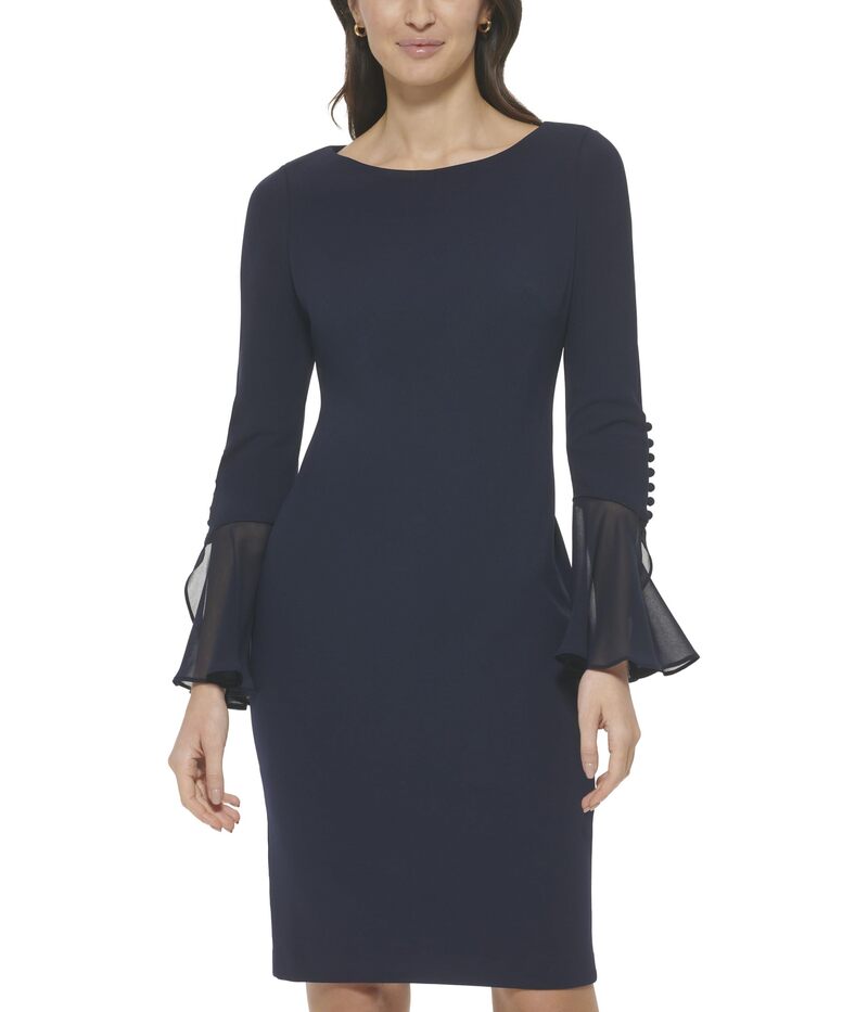 カルバンクライン レディース トップス ワンピース シフォン Calvin Klein Chiffon Bell Sleeve Sheath Dress Indigo インディゴ