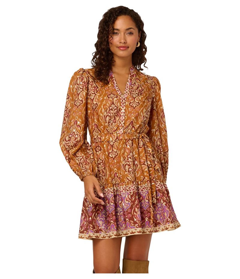 アドリアナ パペル レディース トップス 衣装 刷り上げる Adrianna Papell Printed Short Dress Brown Multi 赤銅色