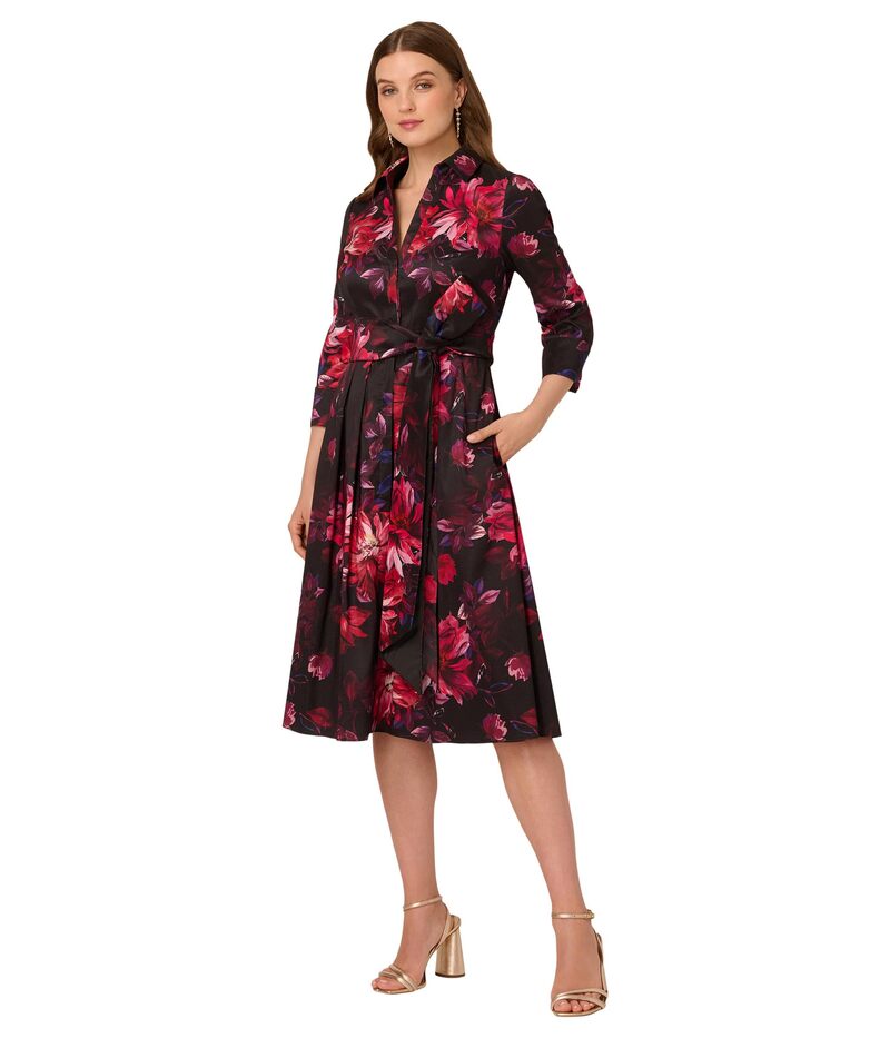 アドリアナ パペル レディース トップス ワンピース プリント シャツ Adrianna Papell Printed Taffeta Shirt Dress Black Multi ブラック｜ReVida 店