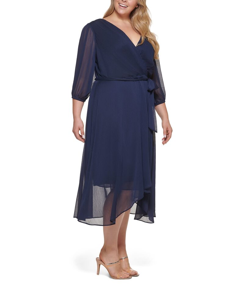 ダナ キャラン ニューヨーク レディース トップス ワンピース Vネック バルーンスリーブ プラスサイズ DKNY Plusize Balloon Sleeve V-Neck Dress Navy ネイビー|ReVida 店