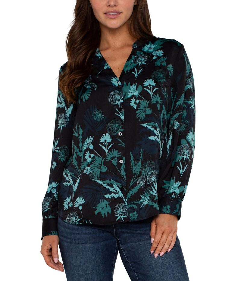 リヴァプール ロサンゼルス レディース トップス シャツ プチ プリント ジャージー Liverpoolos Angeles Petite Long Sleeve Btn Front Banded Collar Woven Shirt Light Weight Printed Jersey Malachite Foliage