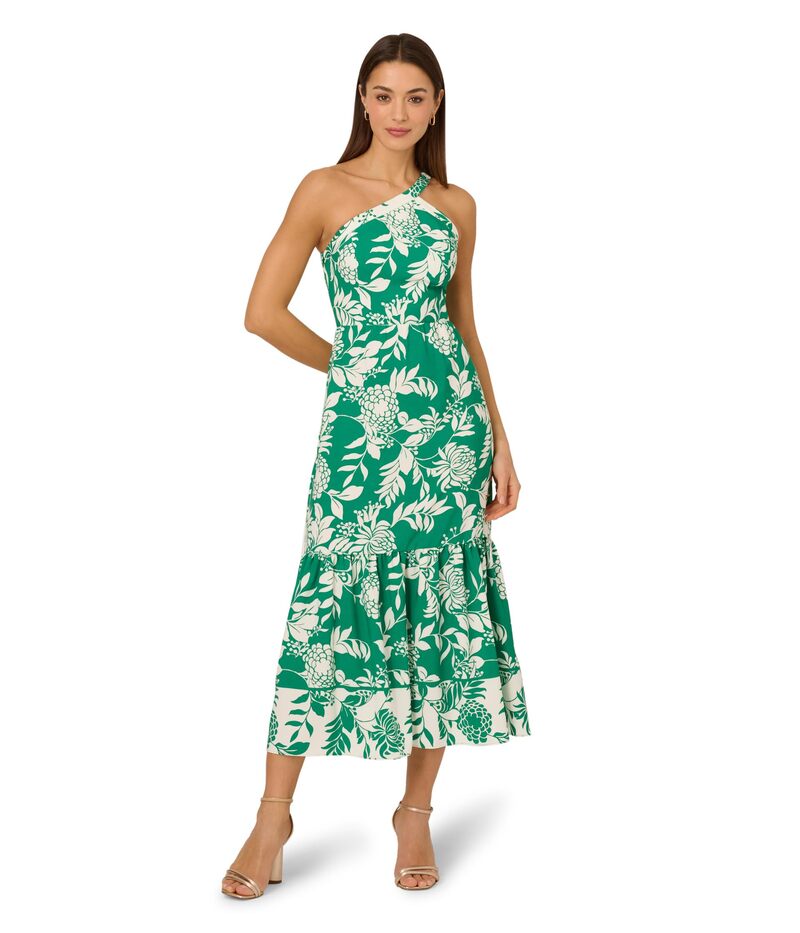 アドリアナ パペル レディース トップス 衣装 midi Adrianna Papell One Shoulder Midi Dress Green/White 白いこと ワンピース-レディースファッション