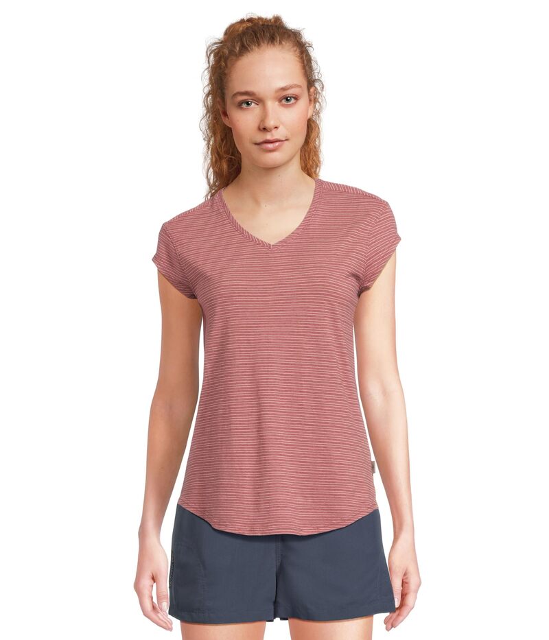 ロイヤルロビンズ レディース トップス シャツ Vネック Royal Robbins Vacationer V-Neck Short Sleeve Wild Rhubarb Stripe ストライプ｜ReVida 店