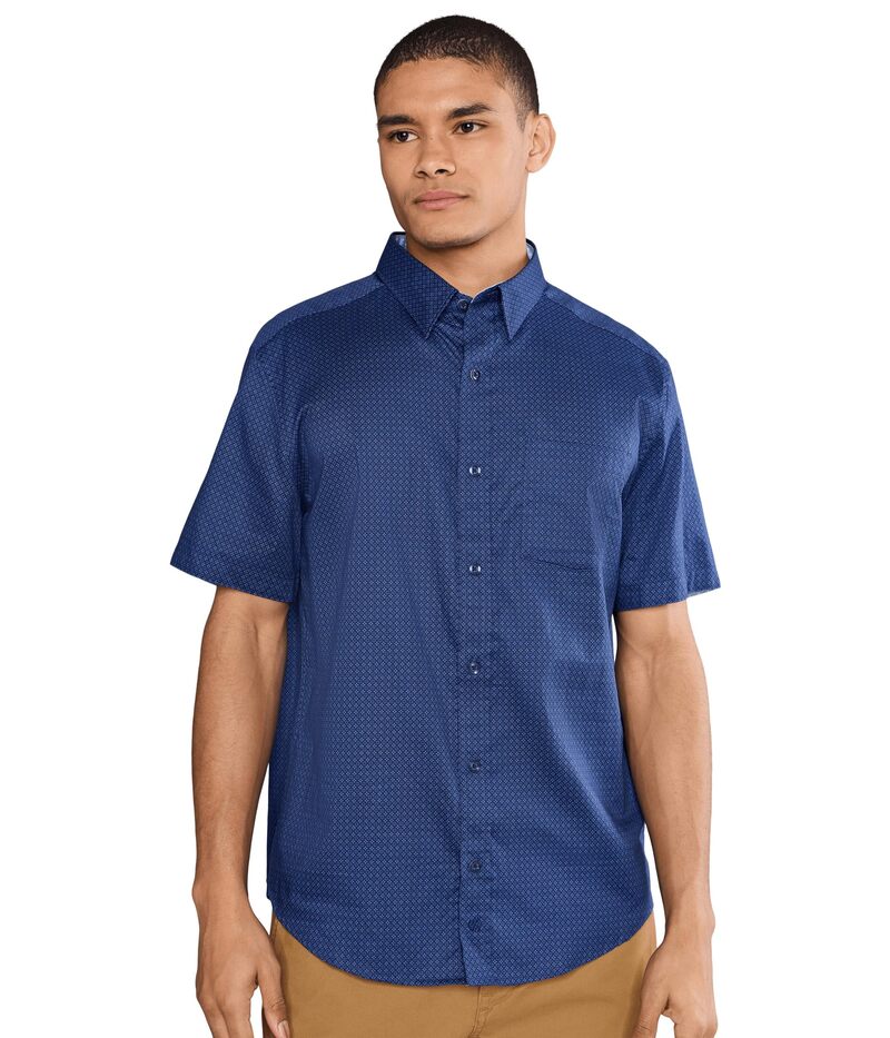 ジョンストンアンドマーフィー メンズ トップス プルオーバー 刷り上げる 半袖 綿織物 Johnston \u0026 Murphy Logan Printed Cotton Short-sleeve Shirt Navy Mini Circle 米国海軍 カジュアルシャツ-トップス-メンズファッション