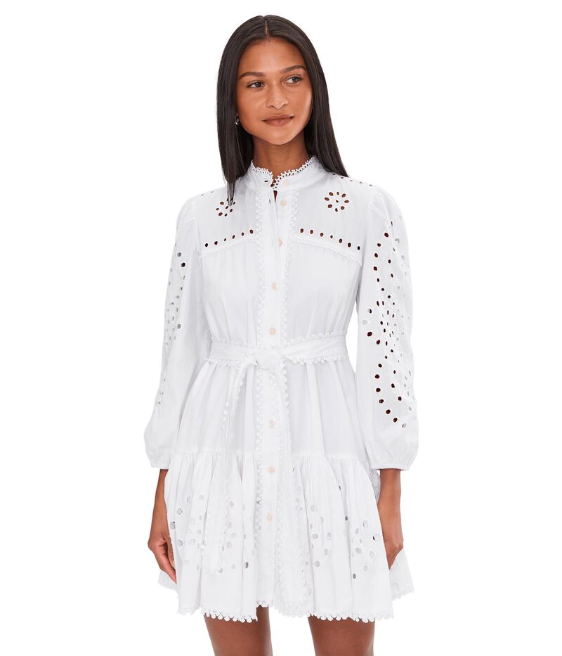 アヴェックレフィーユ レディース トップス ワンピース シャツ ダウン Avec Les Filles Long Sleeve Button-Down Eyelet Shirt Dress White ホワイト｜ReVida 店