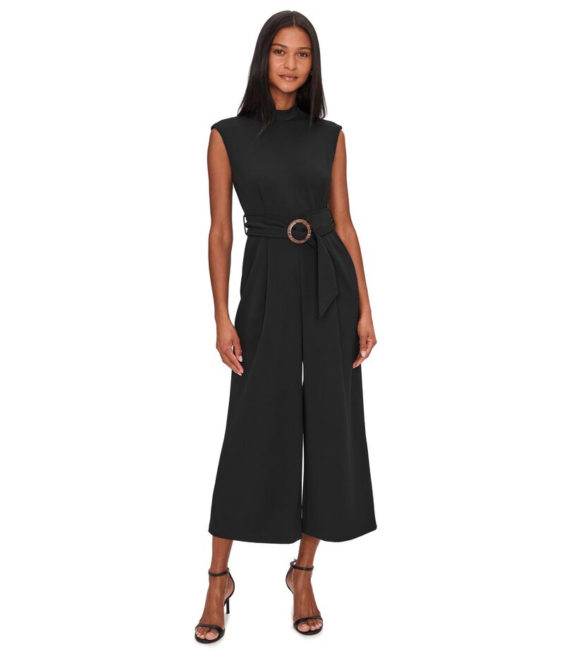 カルバンクライン レディース トップス 飛び降りる背広 縮緬 アクアラング 旗がしら Calvin Klein Cap Sleeve Scuba Crepe Belted Jumpsuit Black 黒いこと