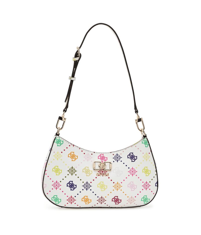 ゲス レディース 御徒面子 ロゴタイプ GUESS Emelie Logo Top Zip Shoulder Bag Multi Logo マルチ色つや