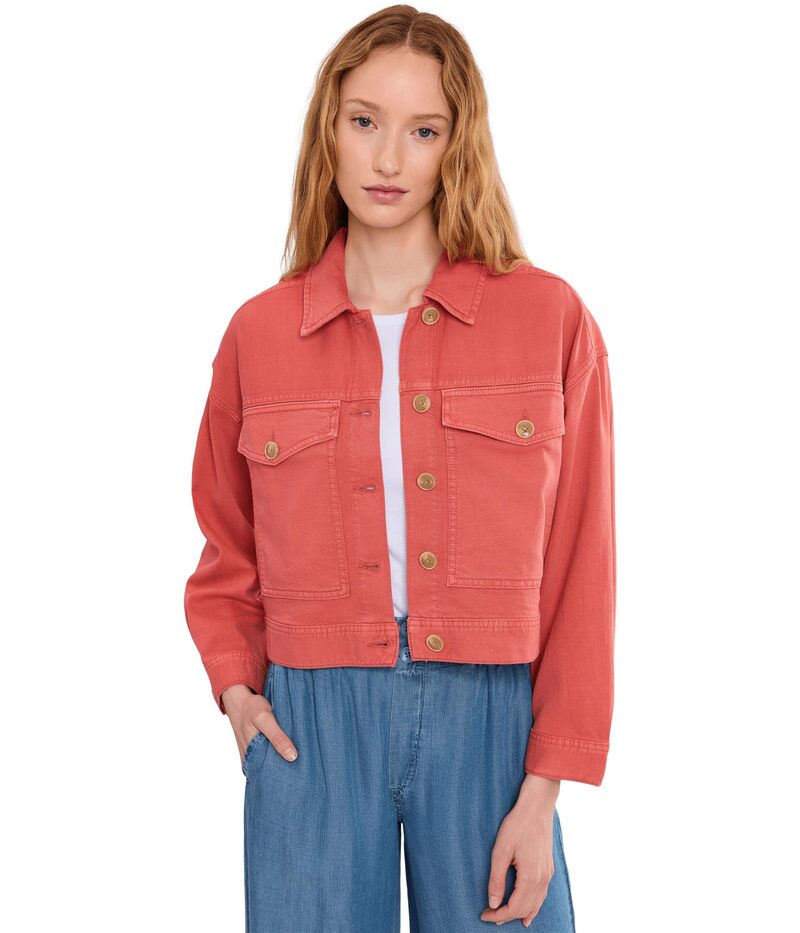 リヴァプール 天使の都市 レディース アウター 厚地の外套 プチ クロップド ジーンズ 上衣 Liverpoolos Angeles Petite Oversized Croppedenim Jacket Red Clay 赤いこと