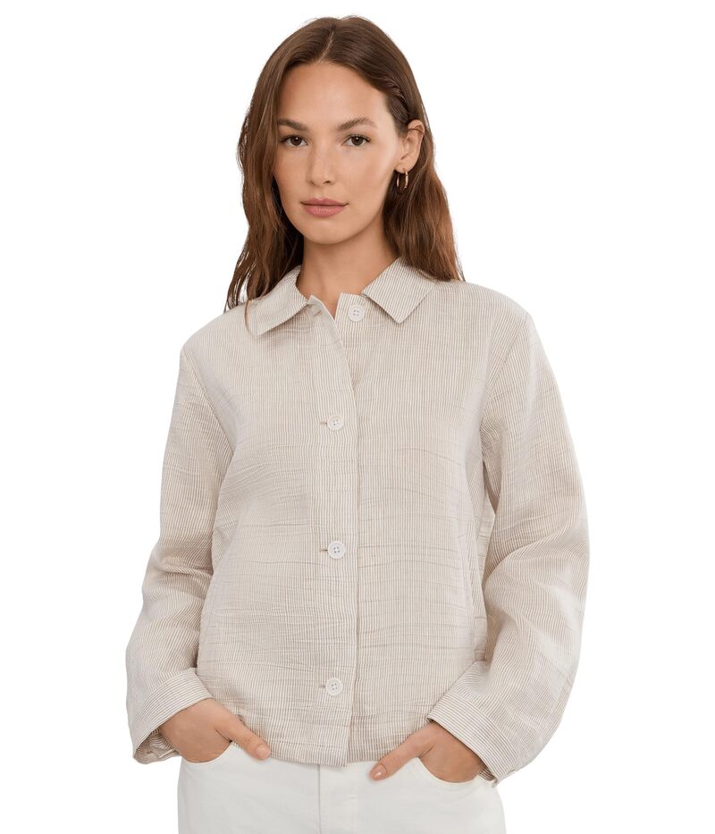 エイリーンフィッシャー レディース アウター 厚地の外套 リネン 上衣 Eileen Fisher Striped Organic Linen Sheen Classicollar Jacket Wheat 縞模様