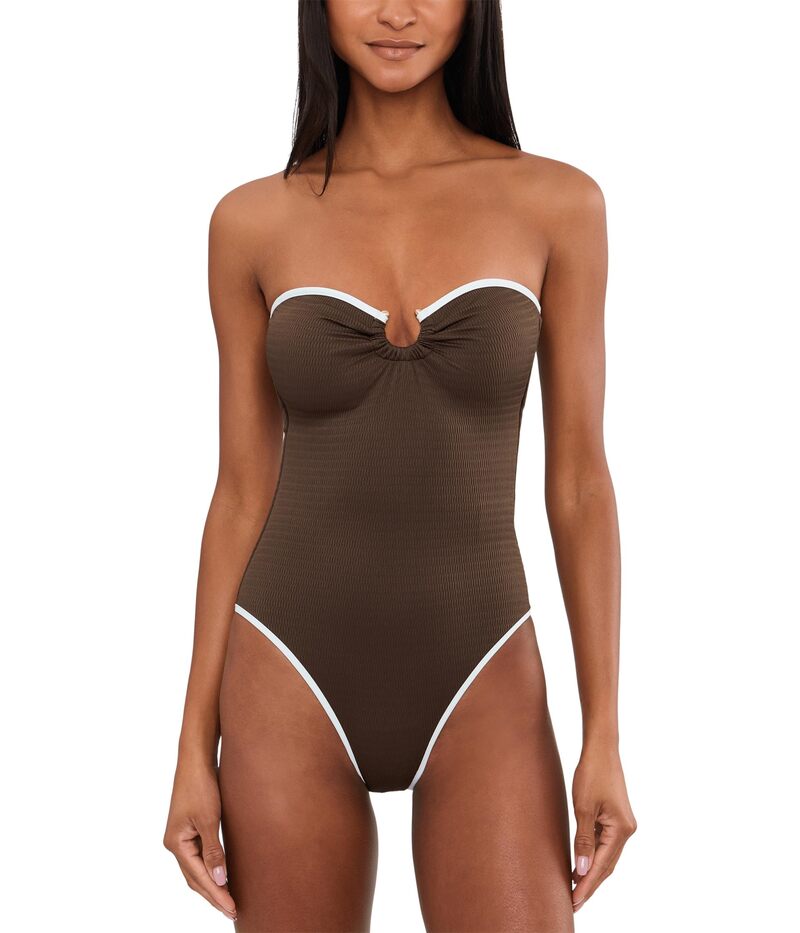 シーフォリー レディース 水泳着 上下仕掛ける Seafolly Beach Bound Ring Front Bandeau One-Piece Dark Chocolate 黒茶