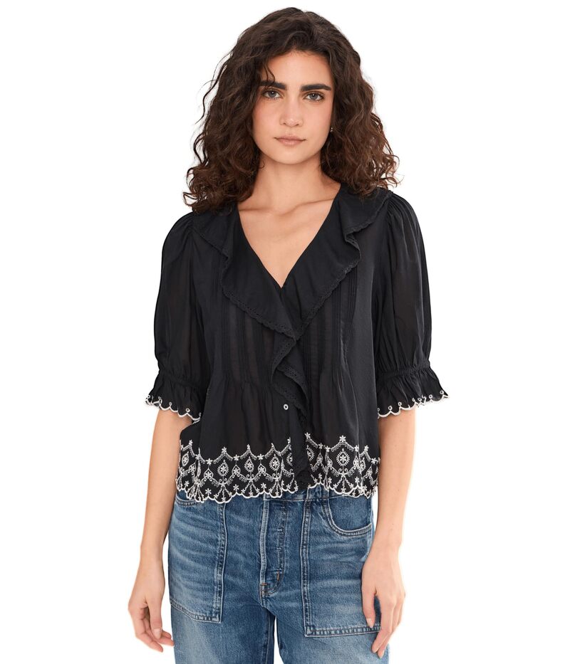 メイドウェル レディース トップス シャツ フリル パフスリーブ Madewell Ruffled Puff-Sleeve Top Jet Black ブラック｜ReVida 店