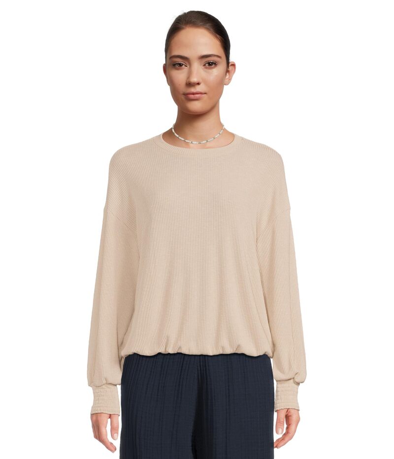 マイケルスターズ レディース トップス シャツ クルーネック リブ スウェット シャーリング Michael Stars Tia Ribbed Crew Neck Sweatshirt w/ Smocked Cuffs Cement|ReVida 店