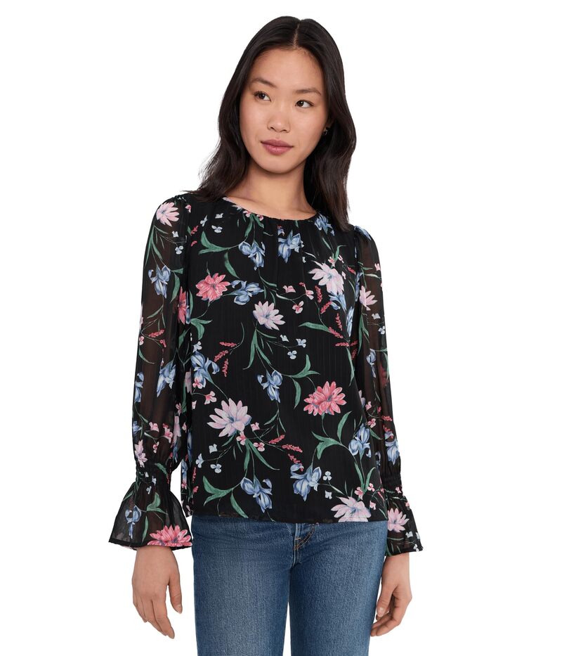 セセ レディース トップス シャツ クルーネック シャーリング CeCe Long Sleeve Smocked Cuff Crew Neck Top Rich Black ブラック｜ReVida 店