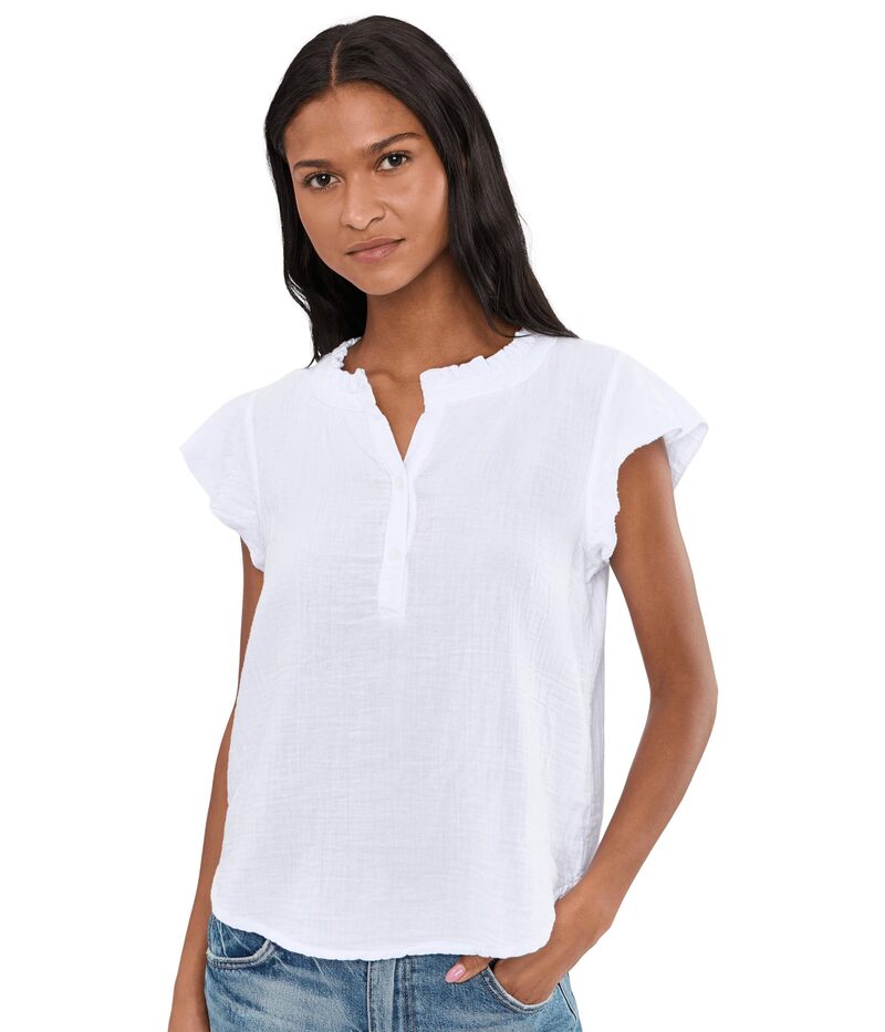 モッドドック レディース トップス プルオーバー フラウンス 旗がしら Mod-o-doc Gauze Flutter Cap Sleeve Ruffle Neck Henley Shirt White 白いこと