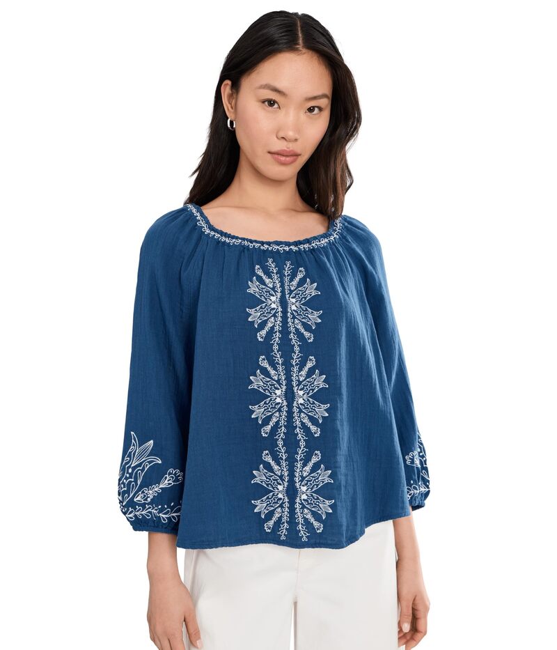 リヴァプール 天使の都市 レディース トップス プルオーバー プチ Liverpoolos Angeles Petite 3/4 Sleeve Woven Top with Embroidery Liberty Blue 青色