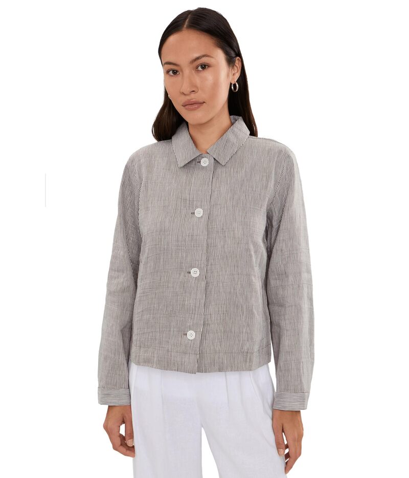 エイリーンフィッシャー レディース アウター コート プチ リネン ジャケット Eileen Fisher Petite Striped Organic Linen Sheen Classicollar Jacket Wren ストライプ|ReVida 店