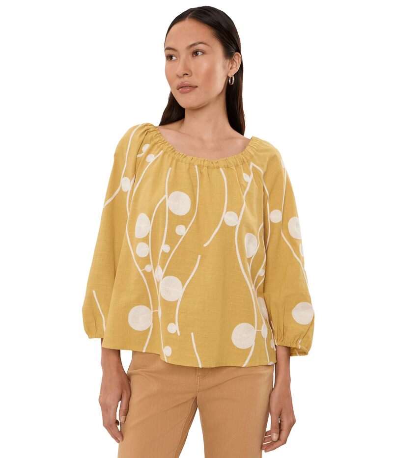 リヴァプール ロサンゼルス レディース トップス シャツ プチ Liverpoolos Angeles Petite 3/4 Sleeve Woven Top with Embroideryellow Cream Embroidery クリーム｜ReVida 店