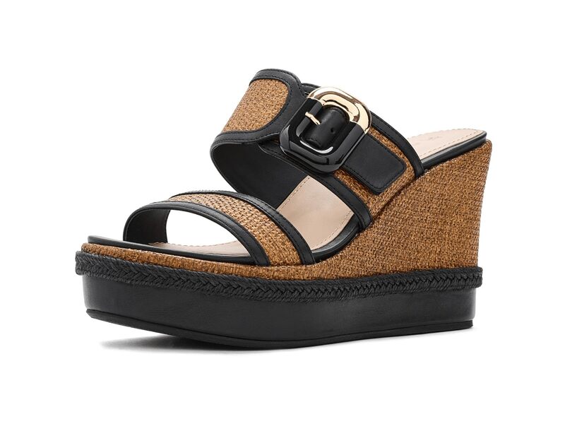 ジョンストンアンドマーフィー レディース シューズ ヒール Johnston & Murphy Addison Buckle Strap Wedge Cognac Raffia/Black Nappa Leather ブラック｜ReVida 店 26,864円