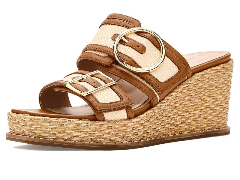 ジョンストンアンドマーフィー レディース シューズ ヒール Johnston & Murphy Mallory Double Buckle Wedge Natural Raffia/Cognac Nappa Leather|ReVida 店