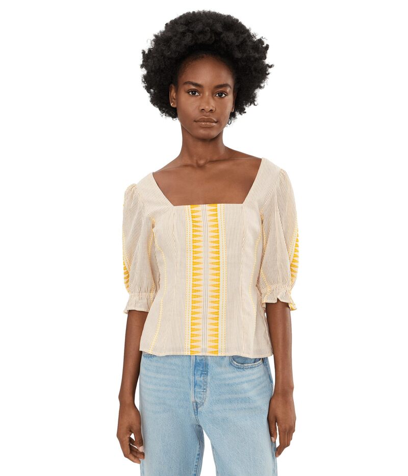 リヴァプール ロサンゼルス レディース トップス シャツ Liverpoolos Angeles 1/2 Sleeve Square Neck Tie Back Woven Top Cream Brown Stripe クリーム|ReVida 店