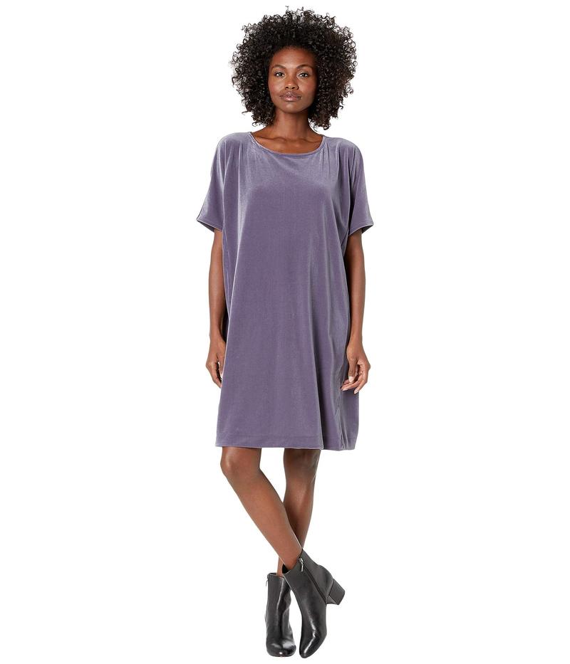 定期入れの ワンピース トップス ワンピース レディース エイリーンフィッシャー Recycled Shale Blue Dress Length Knee Neck Round Velvet Stretch Polyester Sorif Dk