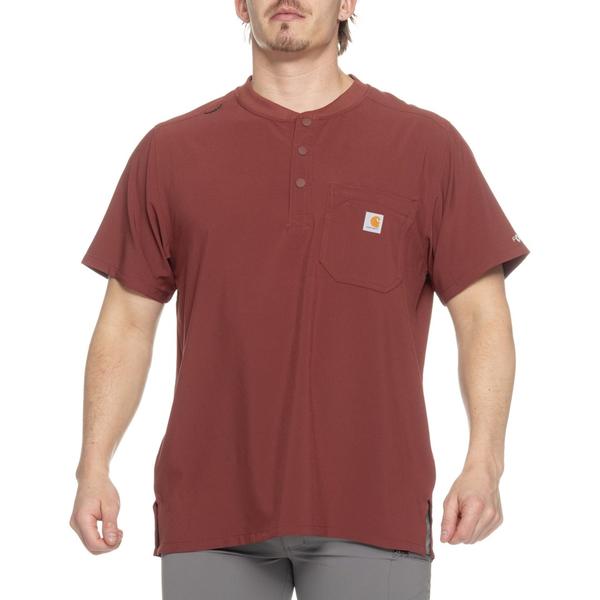 鉄道車両ハート形 メンズ トップス ティーシャツ Carhartt C16310 Force Cross-Flex Henley Scrub Top - Modern Fit Short Sleeve Sable Tシャツ・カットソー-メンズファッション