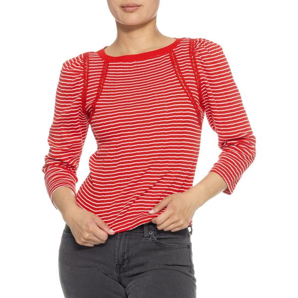 デモクラシー レディース トップス シャツ ニット Democracy Boat Necknit Shirt - 3/4 Sleeve Heirloom Red Off White Stripe オフホワイト
