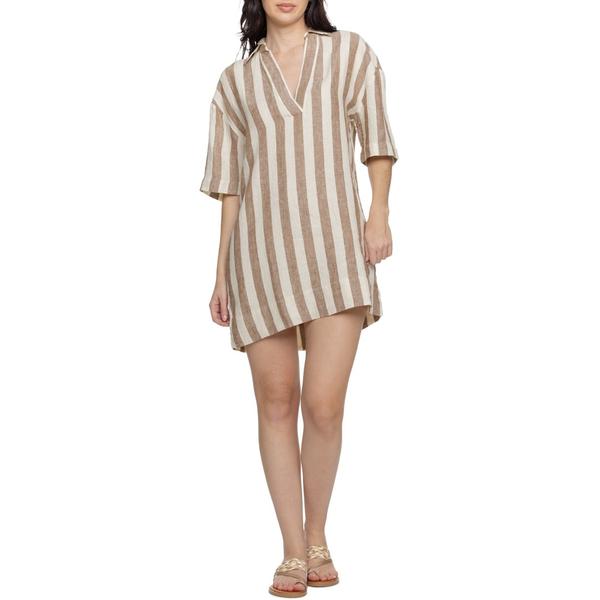 ファレティ レディース トップス 衣装 ミニ リネン Faherty Palma Dara Mini Dress - Linen Short Sleeve Cocoa Beach Stripe チョコレート