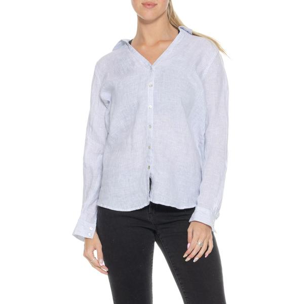 タハリ レディース トップス プルオーバー Tahari Y-Neck Shirt - Long Sleevengine Stripe 縞模様