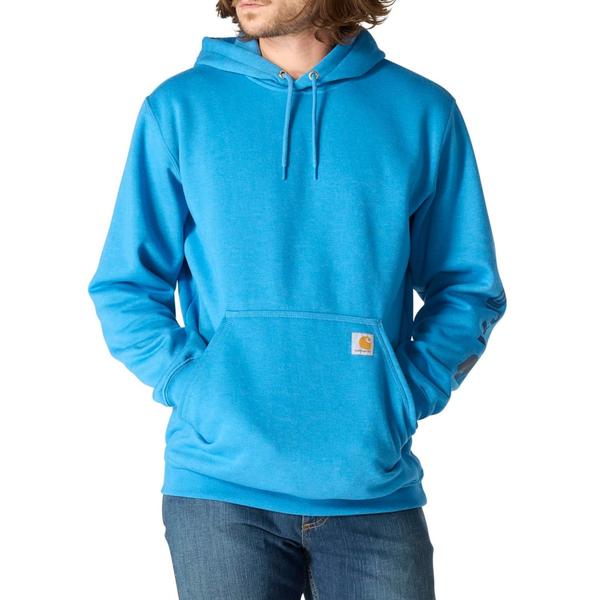 カーハート メンズ トップス シャツ ロゴ パーカー グラフィック Carhartt K288 Loose Fit Midweight Logo Graphic Hoodie Horizon Blue Heather ヘザー｜ReVida 店