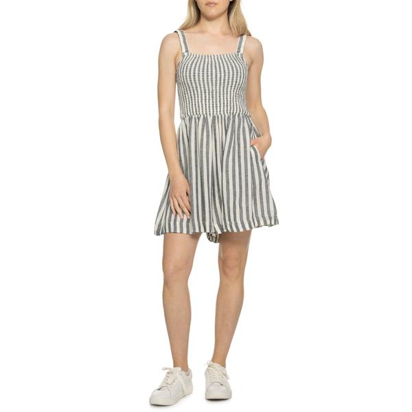 マリーン レイヤー レディース トップス ワンピース ロンパース ノースリーブ シャーリング Marine Layer Selene Smocked Romper - Sleeveless India Ink Stripe ストライプ｜ReVida 店