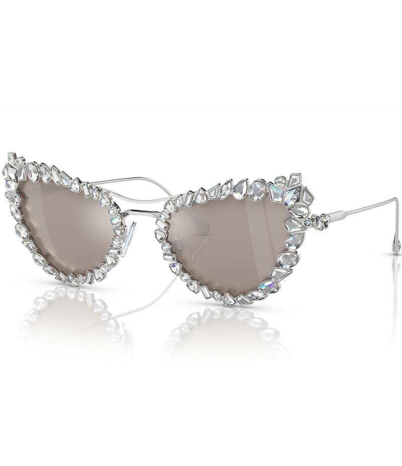 スワロフスキー レディース 付属物 サングラス・アイウェア Swarovski Women\u0027s SK7011 56粍 Mirrored Rhinestone Statement Cat Eye Sunglasses Silver しろがね色