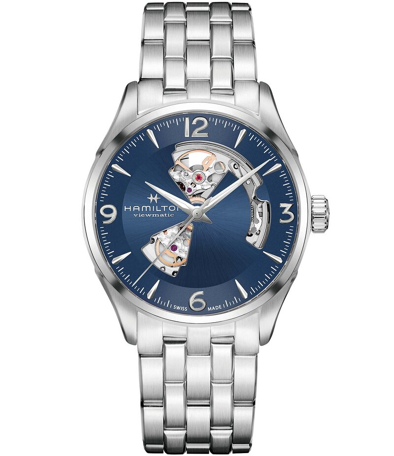 ハミルトン レディース アクセサリー 腕時計 Tシャツ Hamilton Men's Jazzmaster Open Heart Auto Stainless Steel Bracelet Watch Blue ブルー