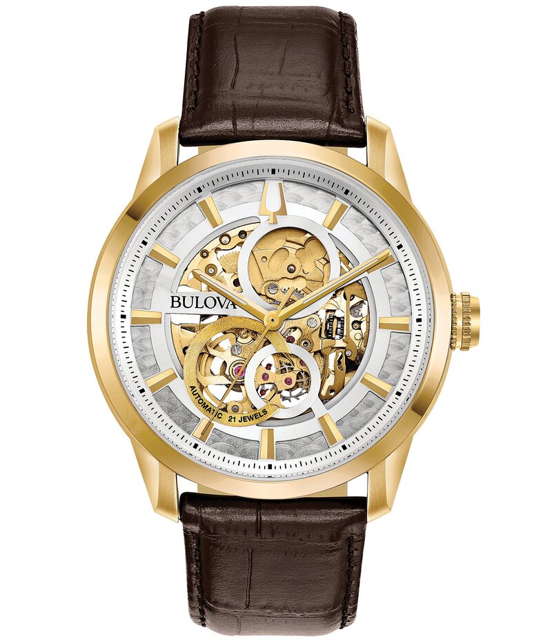 ブロバ レディース 付属品 ウオッチ なめし革 Bulova Men\u0027s Sutton Automatic Brown Leather Strap Watch Gold ゴールド