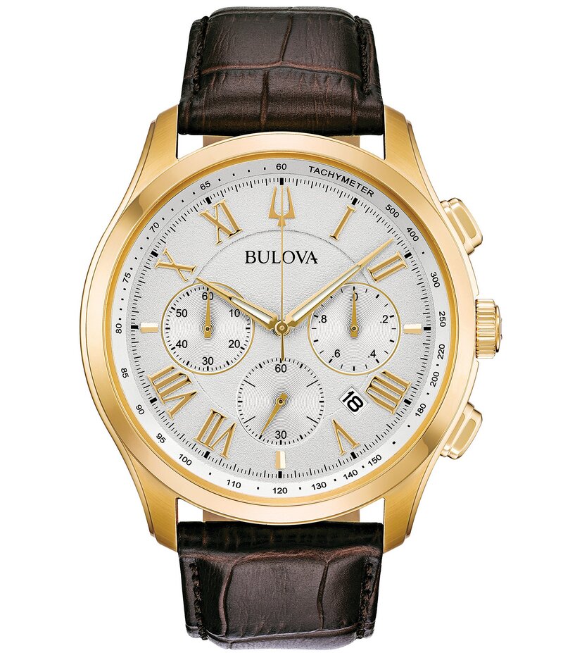 ブロバ レディース アクセサリー 腕時計 レザー Bulova Classic Collection Men Wilton Chronograph Brown Leather Strap Watch Gold ゴールド