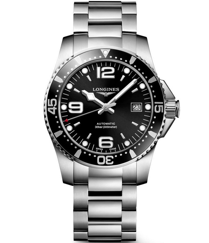 ロンジン レディース アクセサリー 腕時計 Tシャツ Longines Men's Black Dial Hydroconquest Automatic Stainless Steel Bracelet Watch Silver シルバー