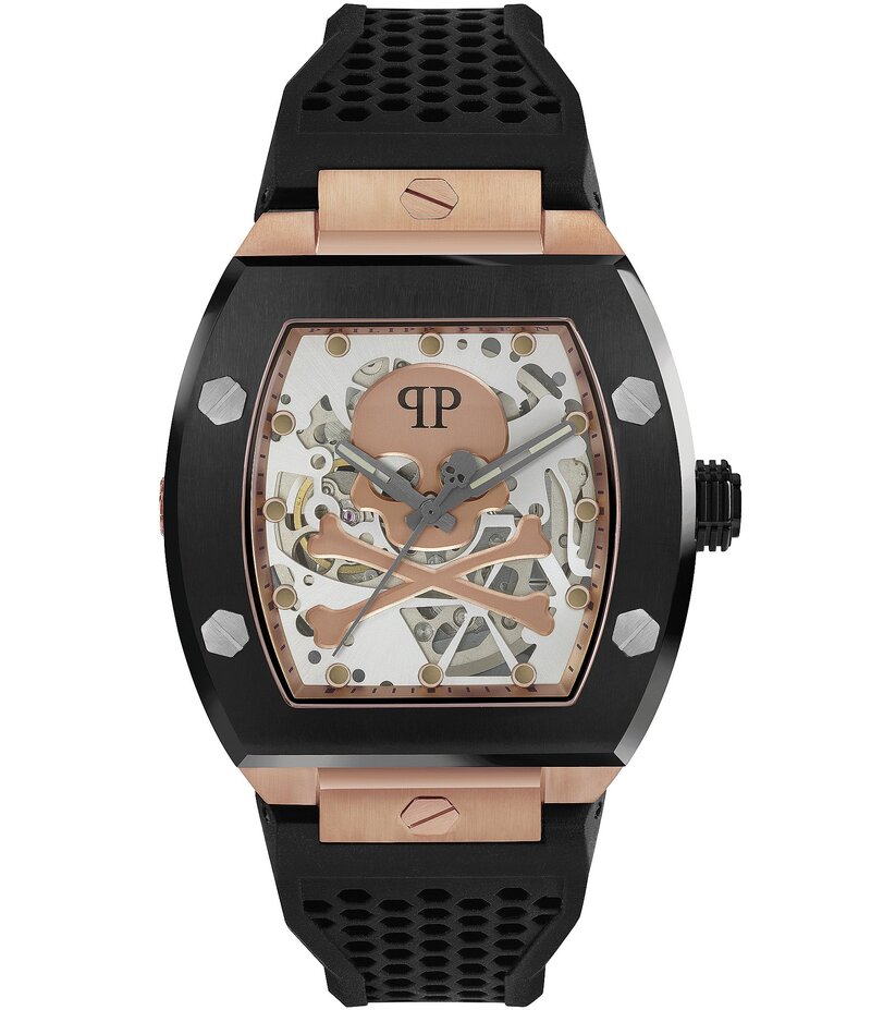フィリップ飾り気の無い レディース 付属品 ウオッチ Philipp Plein Men\u0027s The Skeleton Automatic Black Silicone Strap Watch Two-Tone 黒いこと