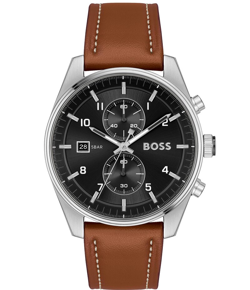 ヒューゴボス レディース 佩び物 ウォッチ なめし革 Hugo Boss Men\u0027s Skytraveller Chronograph Brown Leather Strap Watch Brown 赤銅色