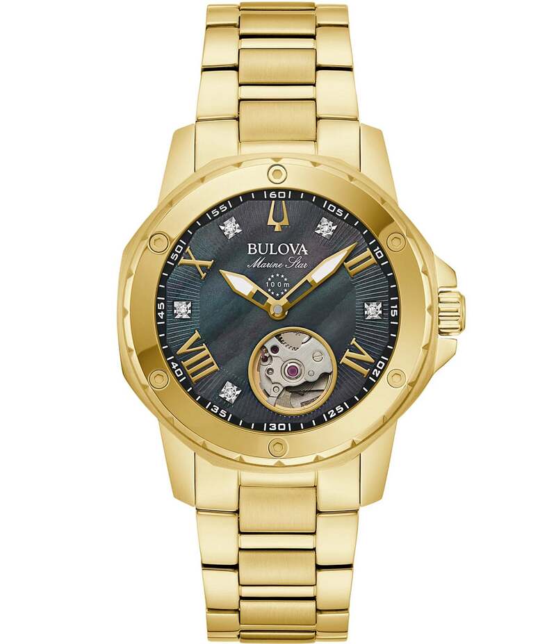 ブロバ レディース アクセサリー 腕時計 Tシャツ Bulova Women's Crystal Marine Star Mechanical Automatic Gold Tone Stainless Steel Bracelet Watch Gold ゴールド