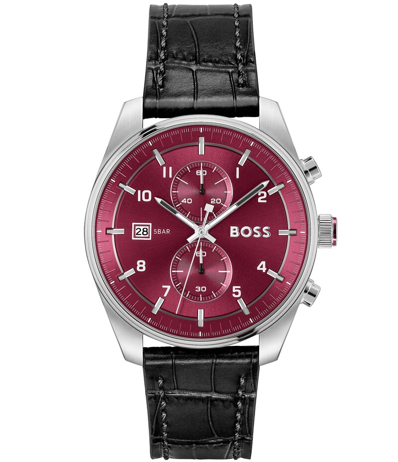 ヒューゴボス レディース 佩び物 ウォッチ なめし革 Hugo Boss Men\u0027s Skytraveller Quartz Chronograph Burgundy Dial Black Leather Strap Watch Black 黒いこと